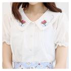 Puff-sleeve Flower-embroidered Blouse