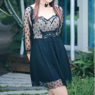 Long-sleeve Dotted Lace-up Mesh Swimdress
