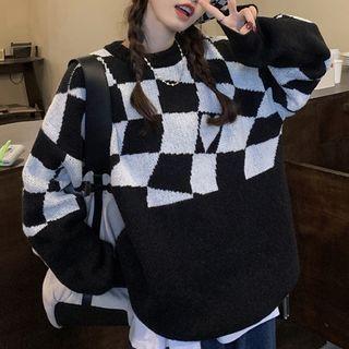Checkered Panel Sweater Checker Panel - Black & White - One Size