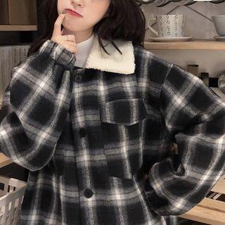 Fleece-lined Plaid Jacket Navy Blue - One Size