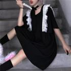 Elbow-sleeve Lace Trim Shift Dress Black - One Size