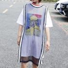 Set: Elbow-sleeve Printed T-shirt Dress + Mask Tank Top