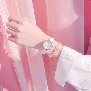 Set : Rhinestone Accent Strap Watch + Rhinestone Bracelet