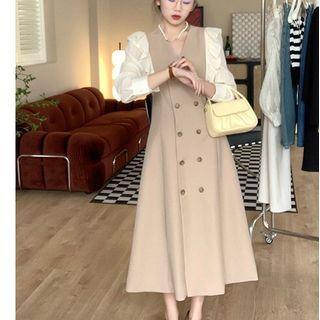 Long-sleeve Mock Two-piece Ruffle Midi A-line Dress