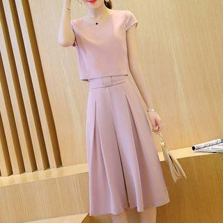Set: Plain Short-sleeve T-shirt + Crop Wide Leg Pants