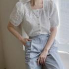 Square-neck Flower-embroidery Blouse White - One Size