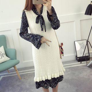 Set: Printed Chiffon Dress + Sweater Vest