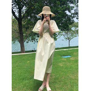 Short-sleeve Sashed Midi A-line Dress