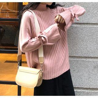 Tie-cuff Bell Sleeve High Neck Knitted Top