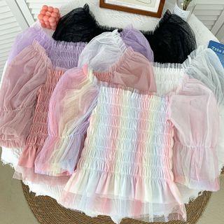 Off-shoulder Smocked Mesh Crop Top In 5 Colors