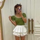 Puff-sleeve Ringer Knit Crop Top