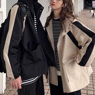 Color Block Front Pocket Hooded Zip Jacket
