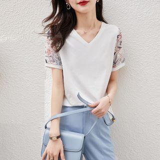 Short-sleeve Print Panel Blouse
