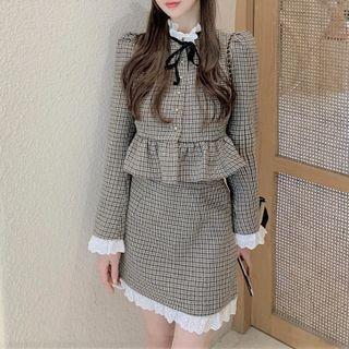 Plaid Ruffle Hem Jacket / Lace Trim Mini Pencil Skirt
