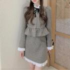 Plaid Ruffle Hem Jacket / Lace Trim Mini Pencil Skirt