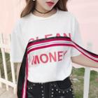 Lettering Striped Applique Elbow Sleeve T-shirt