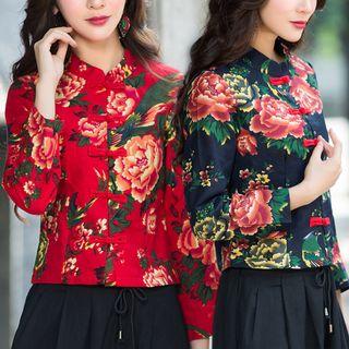 Floral Print Mandarin Collar Cropped Long Sleeve Top