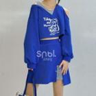 Cold Shoulder Cartoon Print Cropped Sweatshirt / Mini Skirt