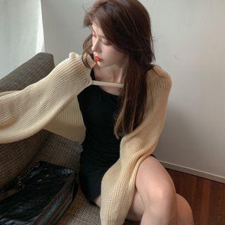 Long Sleeve Plain Knit Shrug Cardigan - Almond - One Size