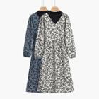 Set: Long-sleeve Floral Print Midi A-line Dress + Sleeveless Mock-neck Top