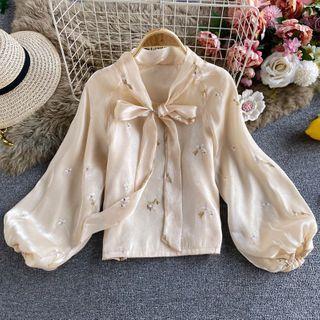 Floral Embroidered Bow-neck Bell-sleeve Blouse
