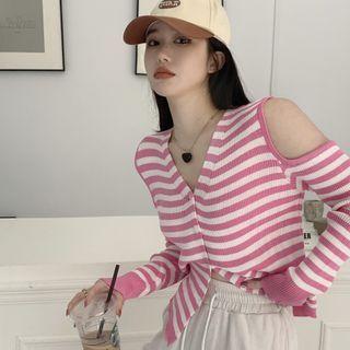 Cold-shoulder V-neck Striped Cardigan