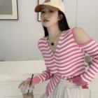 Cold-shoulder V-neck Striped Cardigan