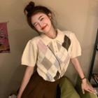 Short-sleeve Argyle Knit Top Pink & Coffee Argyle - Yellow - One Size