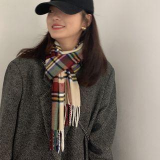Fringed Plaid Scarf Plaid - Khaki & Red - One Size