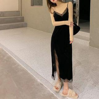 Long-sleeve Turtleneck Top / Spaghetti Strap Lace Trim Midi Dress / Set