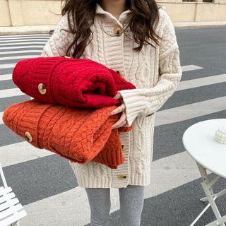 Collared Plain Cable Knit Cardigan
