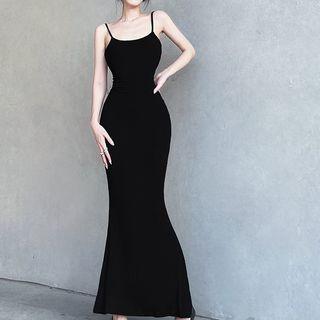 Spaghetti Strap Plain Maxi Bodycon Dress / Cardigan