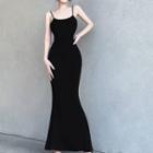 Spaghetti Strap Plain Maxi Bodycon Dress / Cardigan