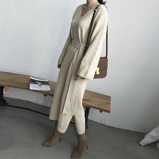 Deep V-neck Wool Blend Long Sweater Dress With Sash