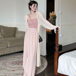 Plain Tube Top / Long-sleeve Plain Lace Up Cardigan / High-waist Plain Wide-leg Pants