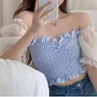 Off-shoulder Puff Sleeve Plaid Cropped Blouse