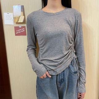 Long Sleeve Round Neck Drawstring T-shirt