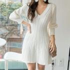 V-neck Cable Knit Mini Sweater Dress White - One Size