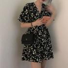 Floral Short-sleeve V-neck Mini A-line Dress Black - One Size