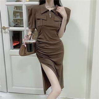 Short-sleeve Collar Side-slit Sheath Dress