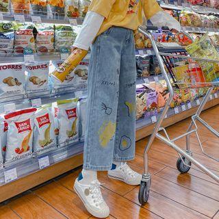 Print Cropped Wide-leg Jeans