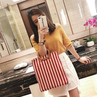 Round Handle Striped Canvas Shopper Bag