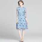 3/4-sleeve Flower Embroidered A-line Midi Lace Dress