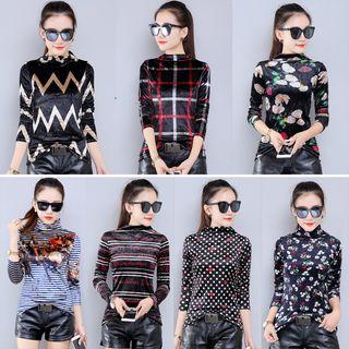 Mock Turtleneck Long-sleeve Velvet Top (various Designs)
