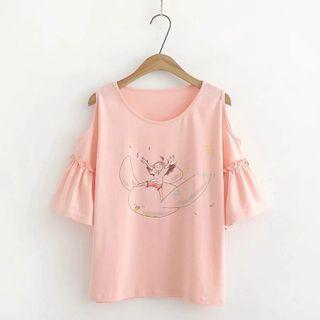 Cold-shoulder Cartoon Print T-shirt