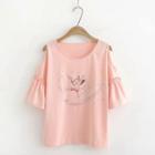 Cold-shoulder Cartoon Print T-shirt