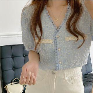 Short-sleeve Faux Pearl Embroidered Button-up Top Sky Blue - One Size