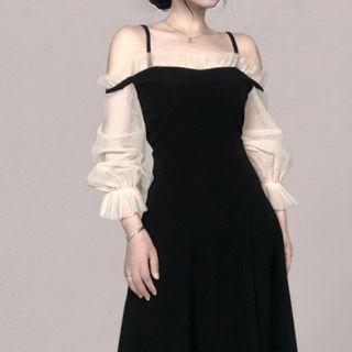 Long-sleeve Cold Shoulder Mesh Maxi A-line Dress