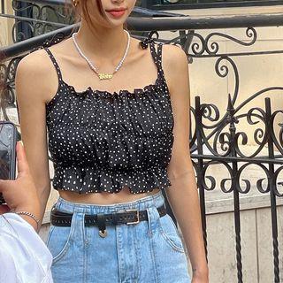 Tie-shoulder Shirred Dotted Crop Top