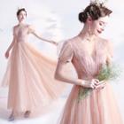 Short-sleeve V-neck Mesh A-line Evening Gown
